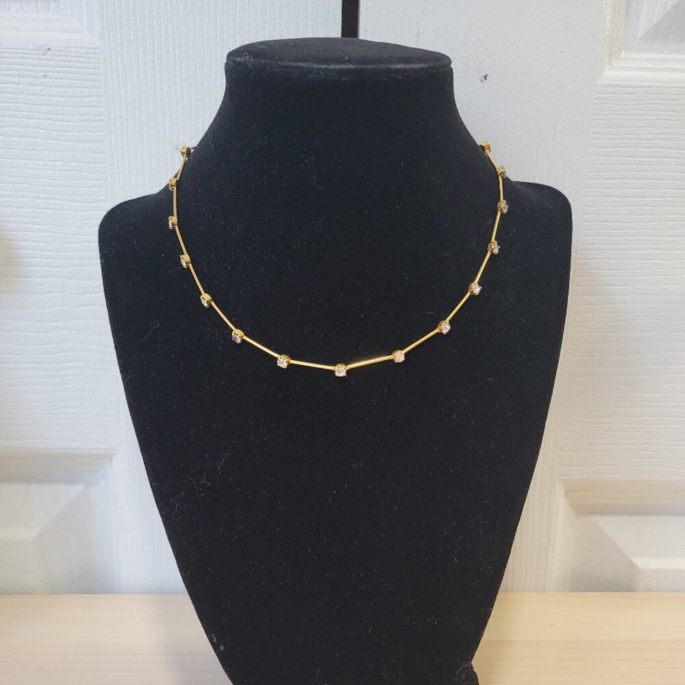 Gold Tone Linked Long Straight Bar Clear Rhinestone Chain 15" Necklace EUC Bride